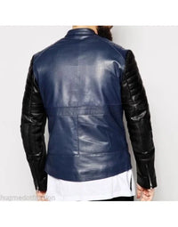 Genuine Real Biker Jacket Black + Blue Color JK187 view 4