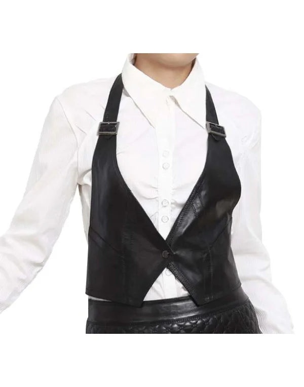 Leather Waistcoat Hollywood Style In Black Waistcoat Women LWC12