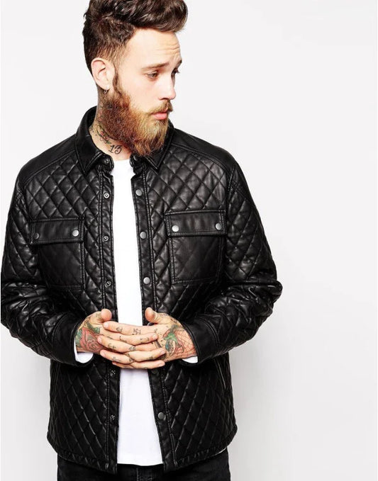HugMe.Fahion Men's Quilted Genuine Leather Jacket For Men's JK48