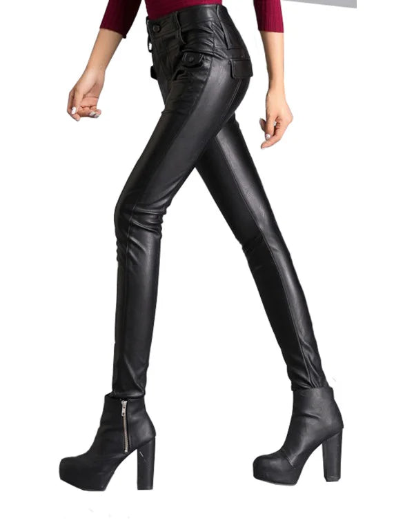 HugMe.Fashion 6 Pocket Leather Ladies Pant In Black Color LPT7