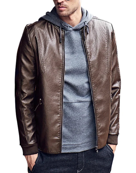 HugMe.Fashion Leather Jacket With Hood Closer And Elastic Closer JK200