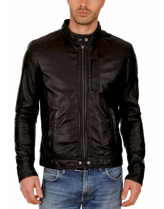 HugMe.Fashion Genuine Leather Biker Jacket For Men, Color Black JK17