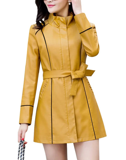HugMe.Fashion Long Coat Leather Jacket For Women Slim Fit LJK55