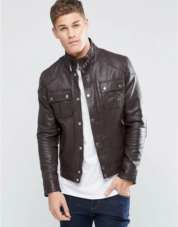 HugMe.Fashion Genuine Leather Jacket In Brown Color For Biker JK184