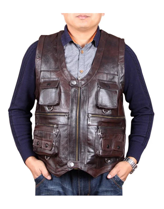 Genuine Sheep Leather Hollywood Style Waistcoat Biker Jacket In Brown Color WC16