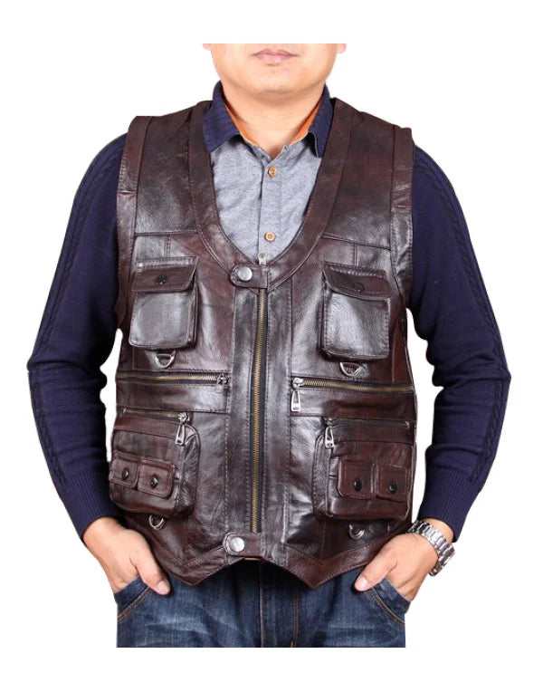 Genuine Sheep Leather Hollywood Style Waistcoat Biker Jacket In Brown Color WC16