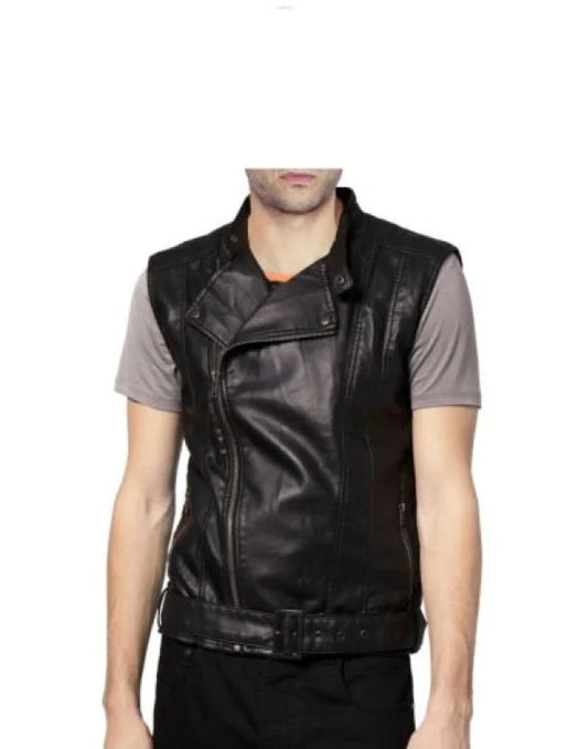 Stylish Genuine Leather Black Biker Waistcoat For Men WC21