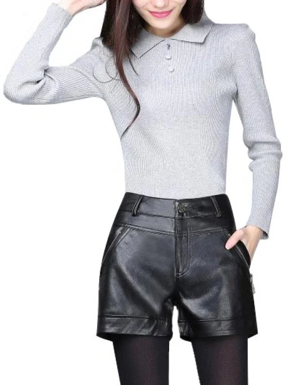 HugMe.Fashion Soft Classic Sheep Leather Short In Black For Women SH10