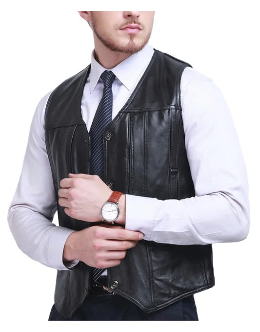 Genuine Sheep Leather Formal Waistcaot In Black Color For Men WC17