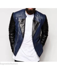 Genuine Real Biker Jacket Black + Blue Color JK187 view 1