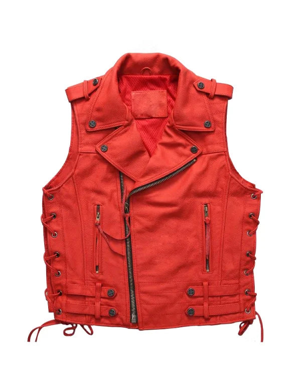 Biker Sheep Leather Waistcoat For In In Red Color Biker Jacket WC13