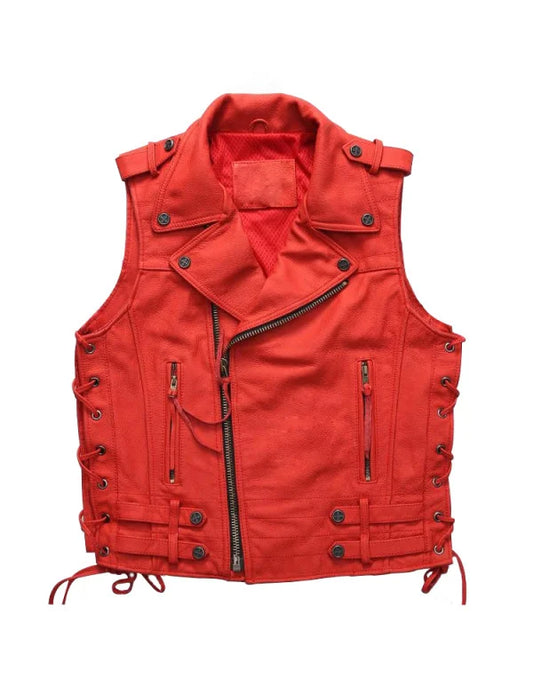 Biker Sheep Leather Waistcoat For In In Red Color Biker Jacket WC13