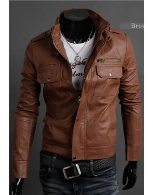 HugMe.Fashion Leather Jacket For Men In Black Brown Leather Slim Fit JK6