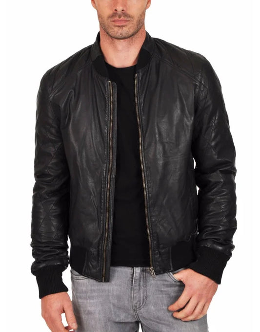 HugMe.Fashion Men's Genuine Lambskin Leather Jacket Black JK30