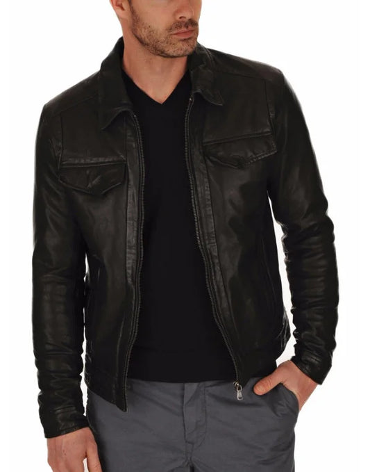 HugMe.Fashion Genuine Leather Jacket Biker Jacket Men Black JK9