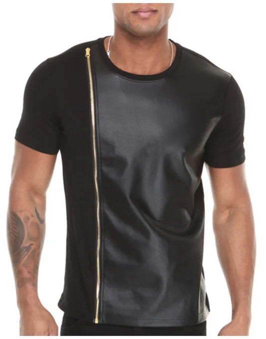 Half Sleeves Genuine SHeep Leather T-Shirt Round Neck TS2