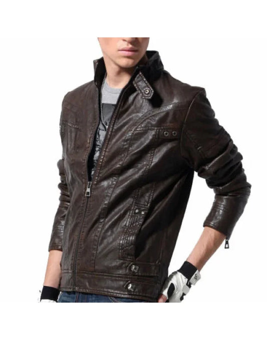 HugMe.Fashion Pure Leather High Stand Collar Full Sleeves JK4