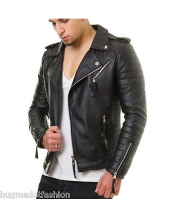 HugMe.Fashion Pure Leather Black Biker Jacket JK15...