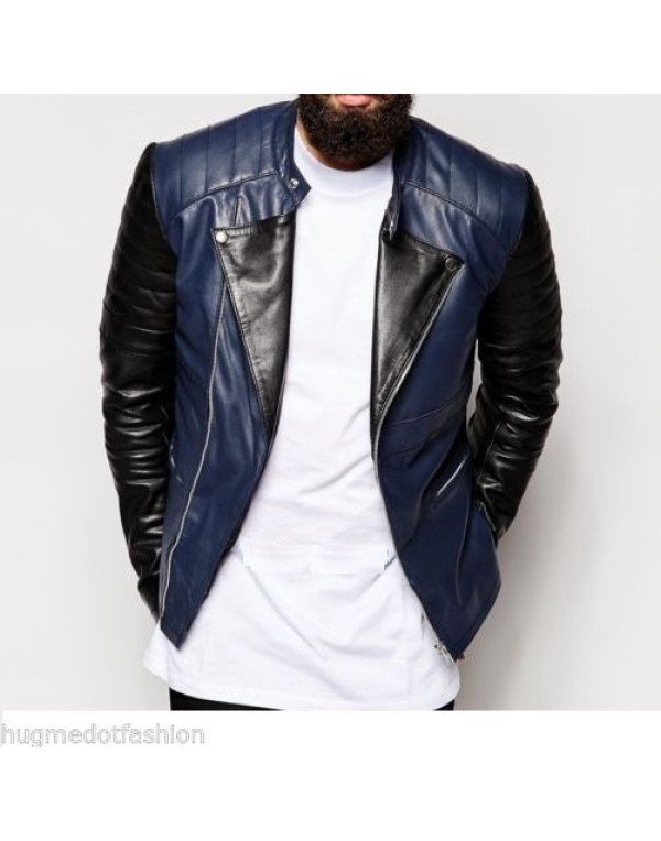 Genuine Real Biker Jacket Black + Blue Color JK187