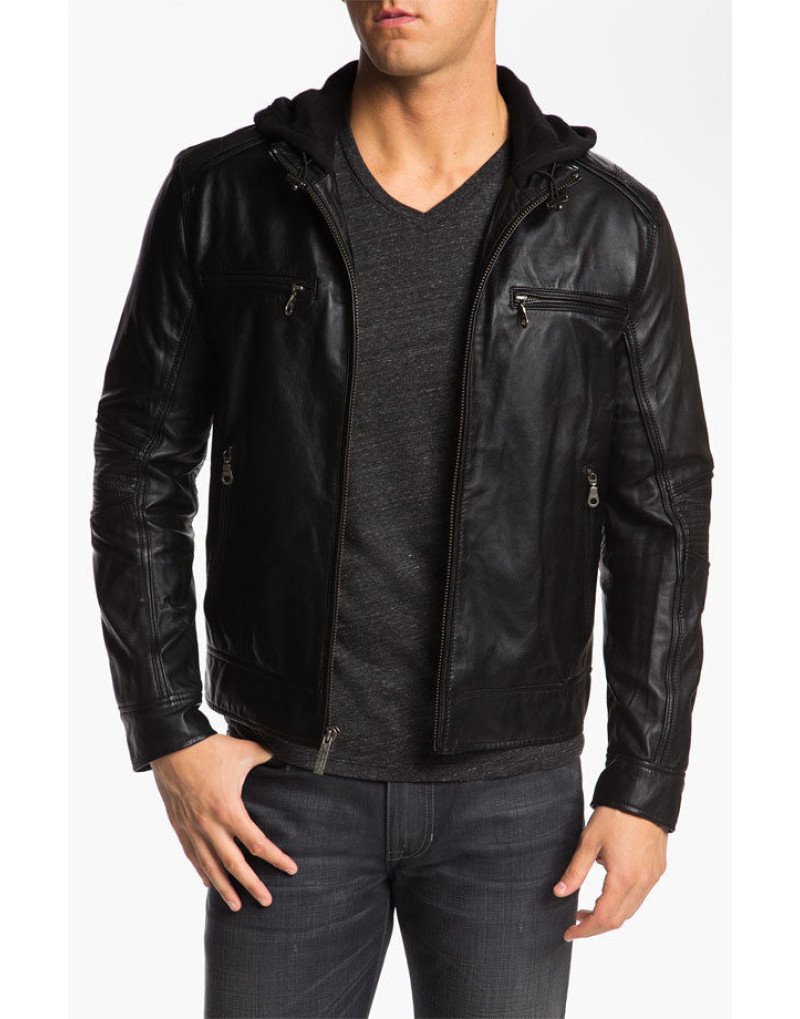 Genuine Sheep Leather Jacket for Men in Black With Hoodie