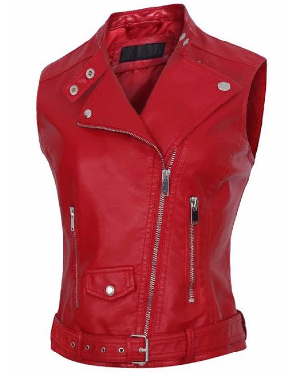 Genuine Sheep Leather For Women in Red Color Casual Biker Jacket LWC08