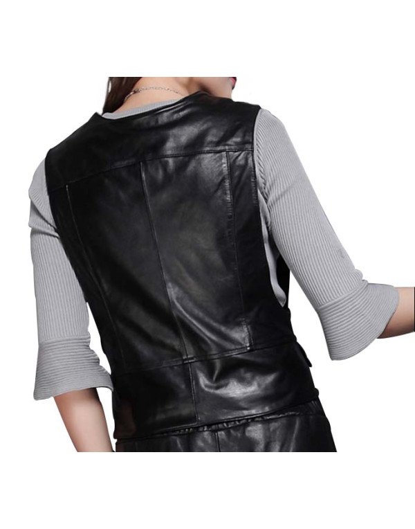 Genuine Sheep Leather Waistcoat For Women in  Black LWC10